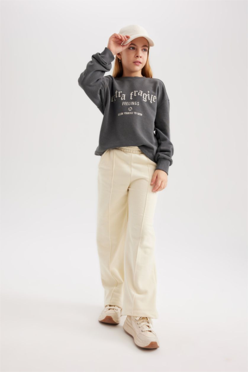 Girls & Teens Anthracite Girl Printed Crew Neck Crop Sweatshirt