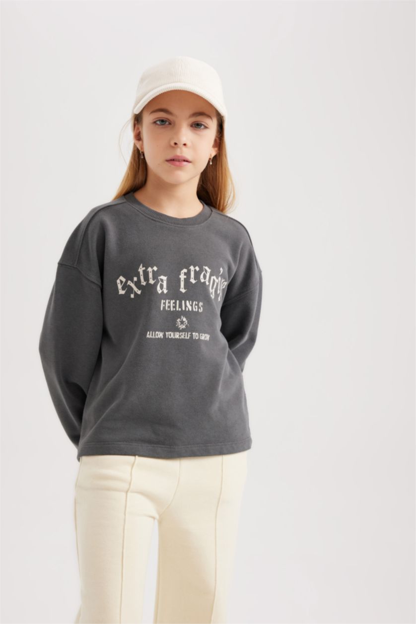 Girls & Teens Anthracite Girl Printed Crew Neck Crop Sweatshirt