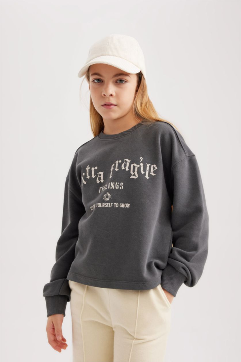 Girls & Teens Anthracite Girl Printed Crew Neck Crop Sweatshirt