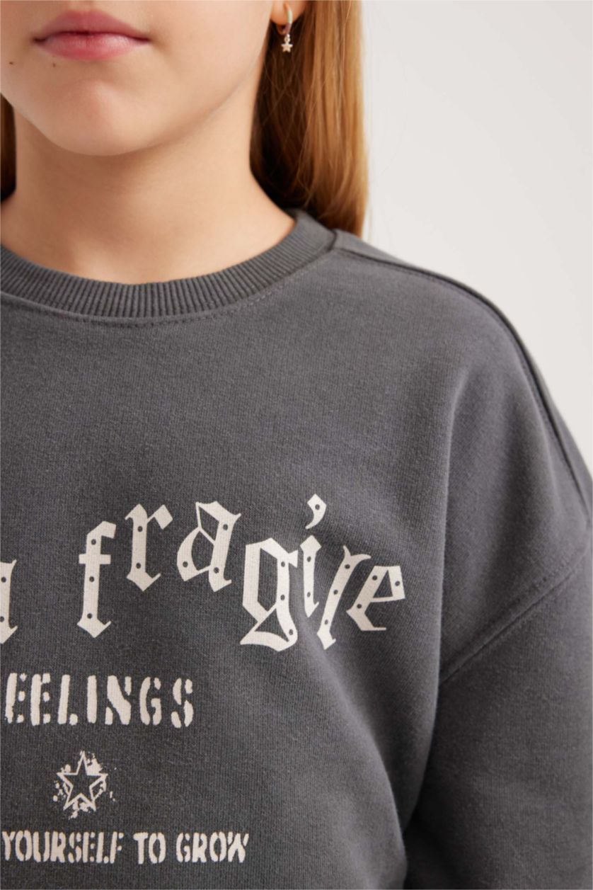 Girls & Teens Anthracite Girl Printed Crew Neck Crop Sweatshirt