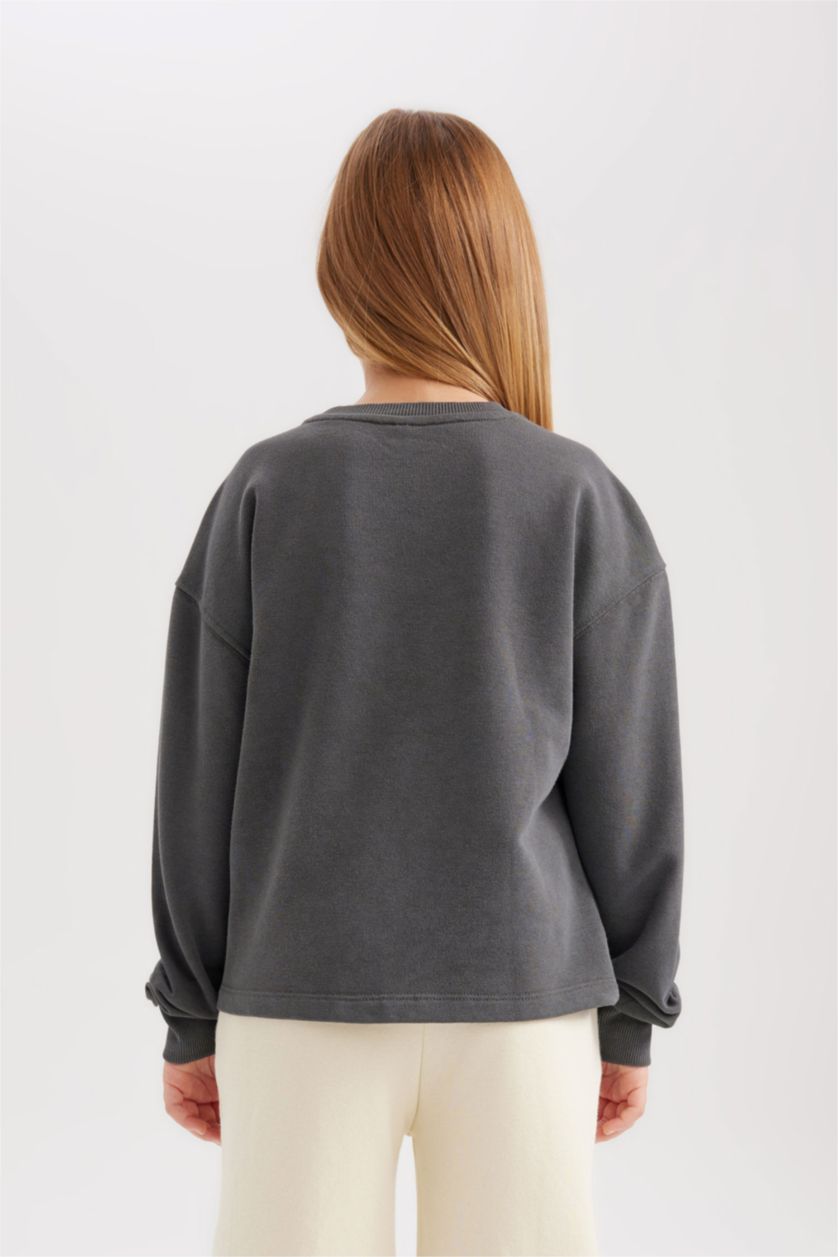 Girls & Teens Anthracite Girl Printed Crew Neck Crop Sweatshirt