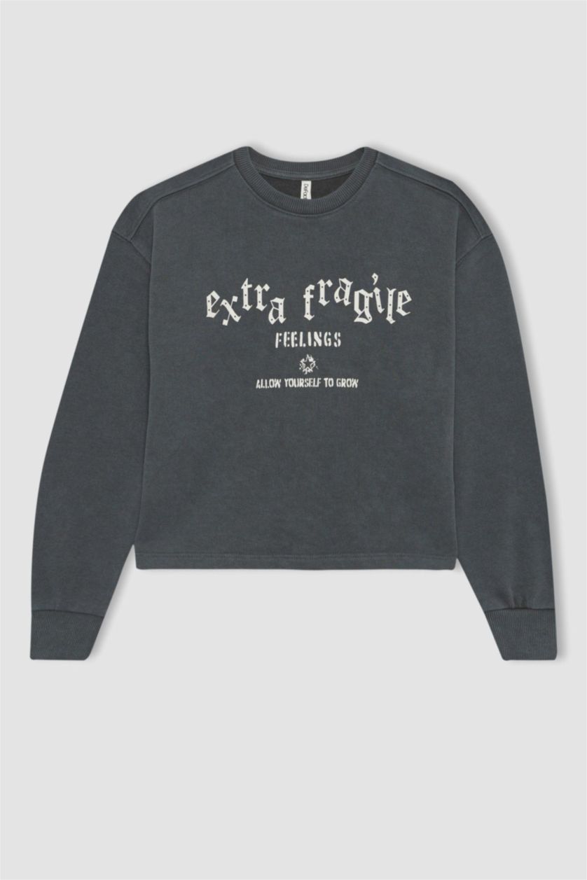 Girls & Teens Anthracite Girl Printed Crew Neck Crop Sweatshirt