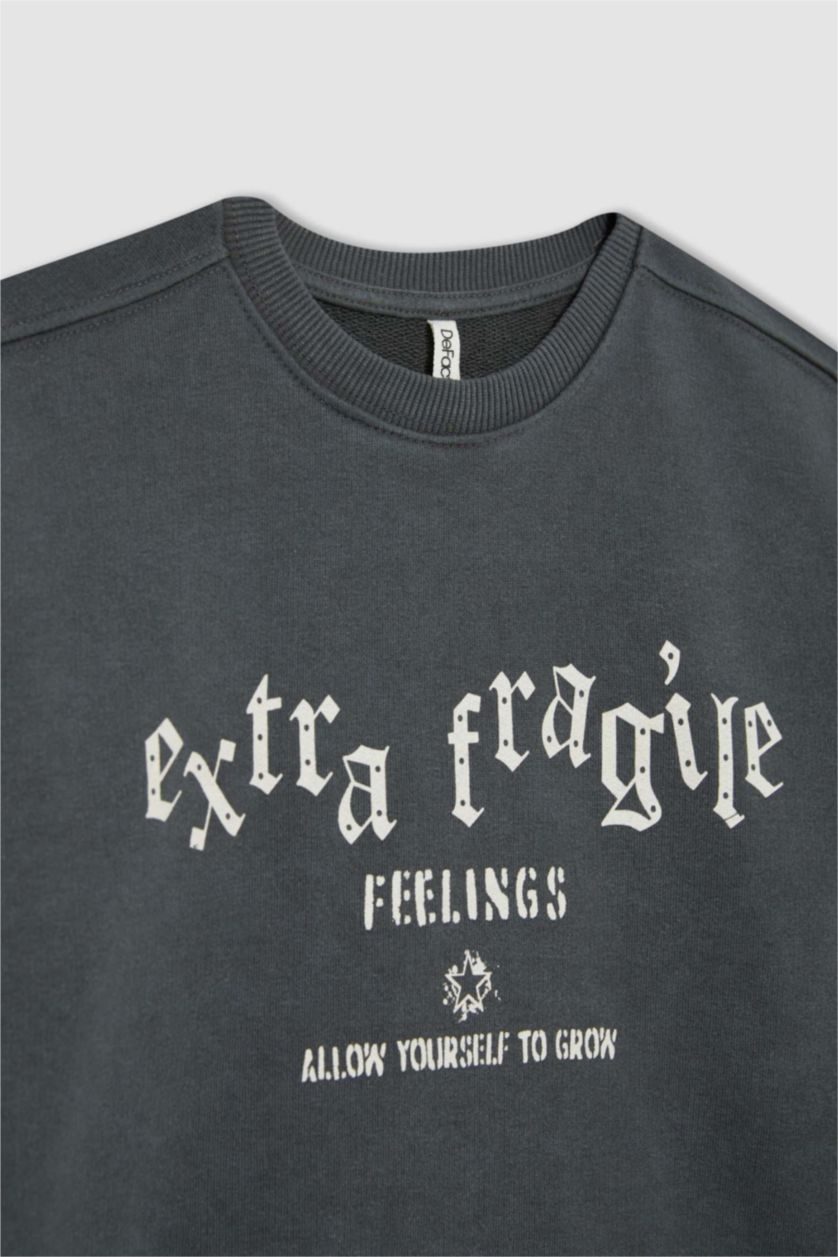 Girls & Teens Anthracite Girl Printed Crew Neck Crop Sweatshirt