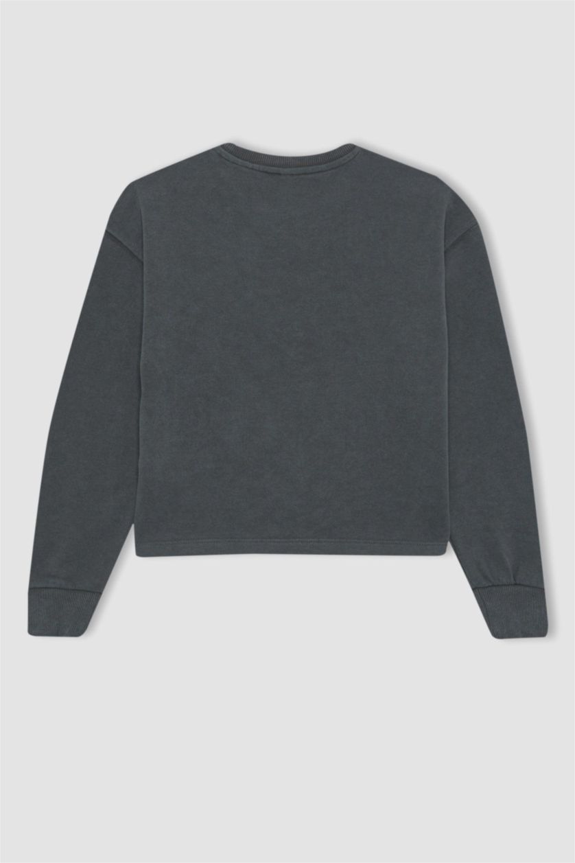 Girls & Teens Anthracite Girl Printed Crew Neck Crop Sweatshirt