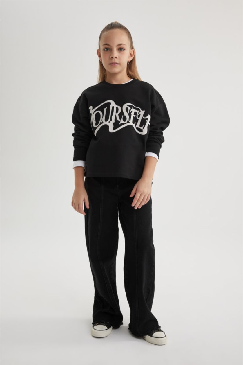 بنات أسود تيشيرت كروب بناتي ردن طويل مطبوع