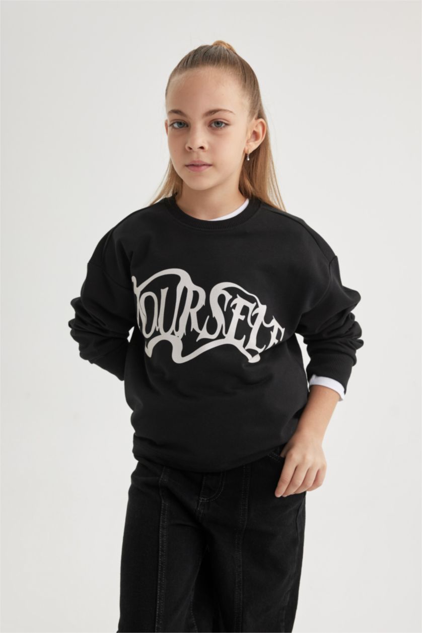 بنات أسود تيشيرت كروب بناتي ردن طويل مطبوع