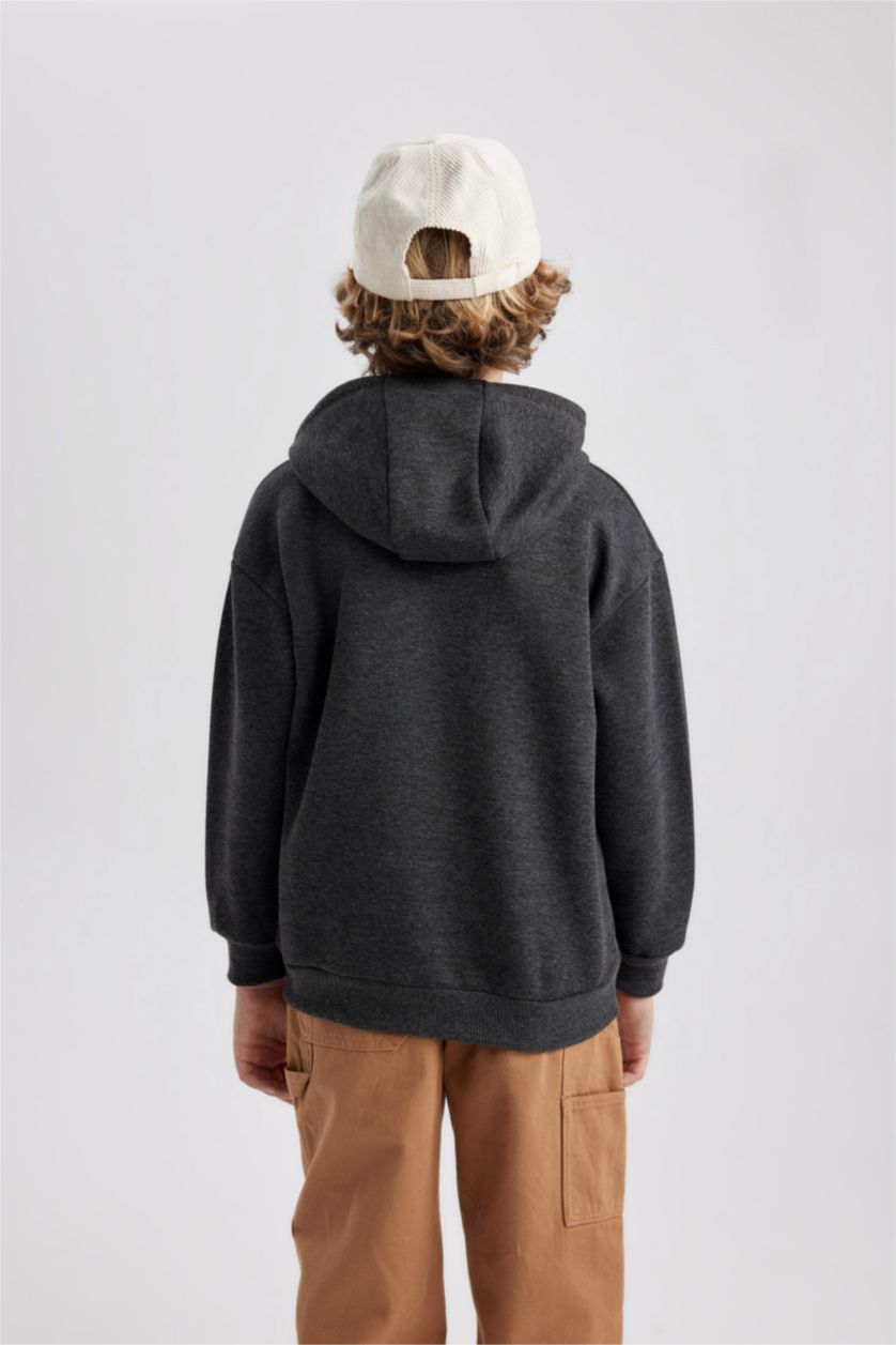 Erkek Çocuk - Genç Erkek Antrasit Melanj Baskılı Kanguru Cepli Kapüşonlu Sweatshirt Erkek Çocuk