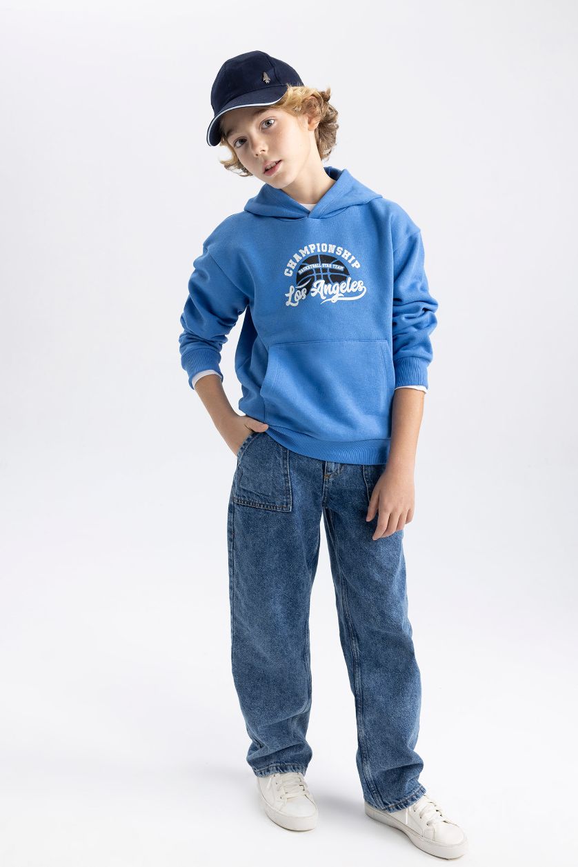 Erkek Çocuk - Genç Erkek Royal Baskılı Kanguru Cepli Kapüşonlu Sweatshirt Erkek Çocuk