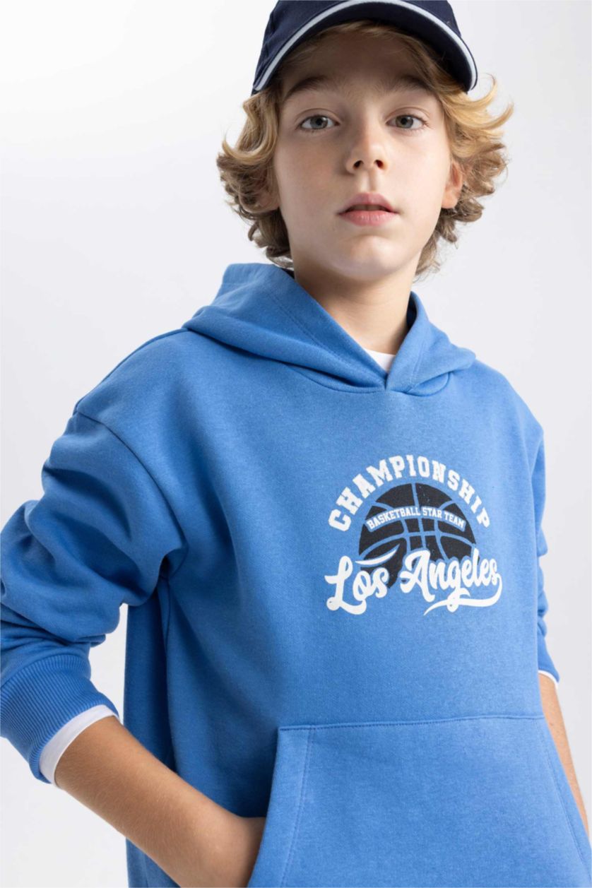 Erkek Çocuk - Genç Erkek Royal Baskılı Kanguru Cepli Kapüşonlu Sweatshirt Erkek Çocuk