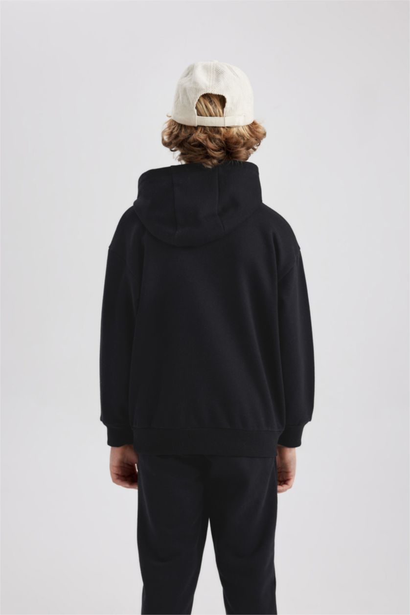 Erkek Çocuk - Genç Erkek Siyah Baskılı Kanguru Cepli Kapüşonlu Sweatshirt Erkek Çocuk