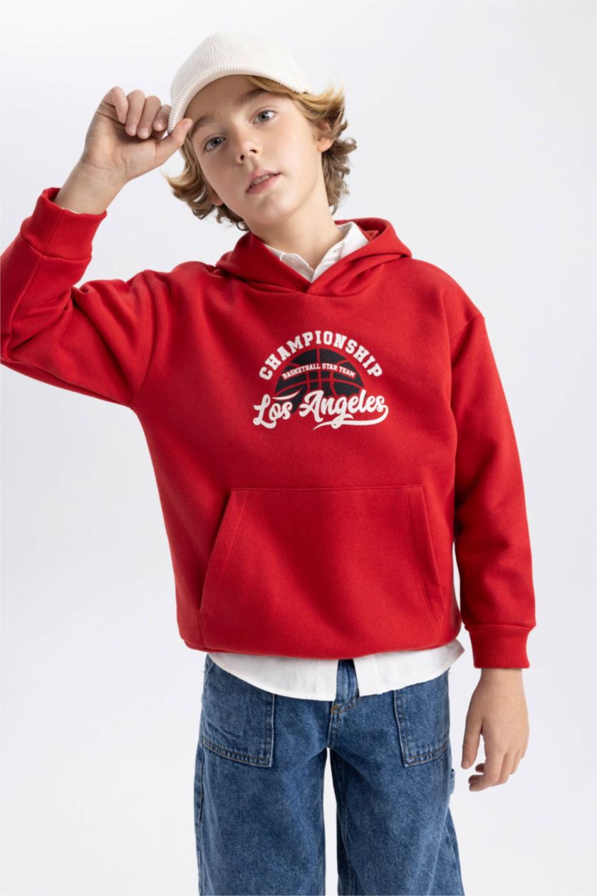 Erkek Çocuk - Genç Erkek Bordo Baskılı Kanguru Cepli Kapüşonlu Sweatshirt Erkek Çocuk
