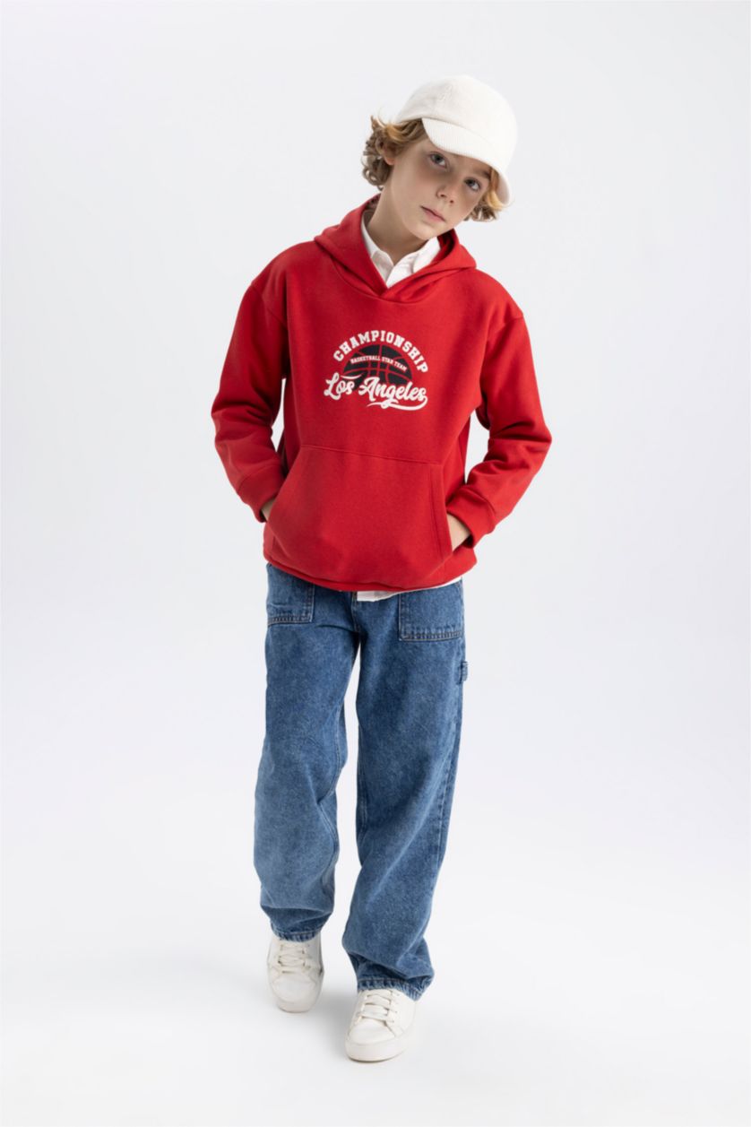 Erkek Çocuk - Genç Erkek Bordo Baskılı Kanguru Cepli Kapüşonlu Sweatshirt Erkek Çocuk