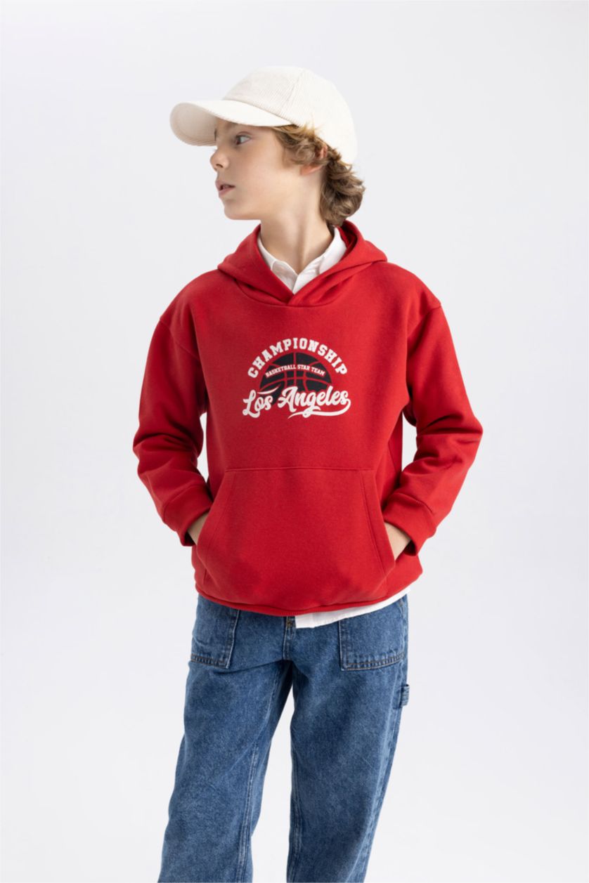 Erkek Çocuk - Genç Erkek Bordo Baskılı Kanguru Cepli Kapüşonlu Sweatshirt Erkek Çocuk