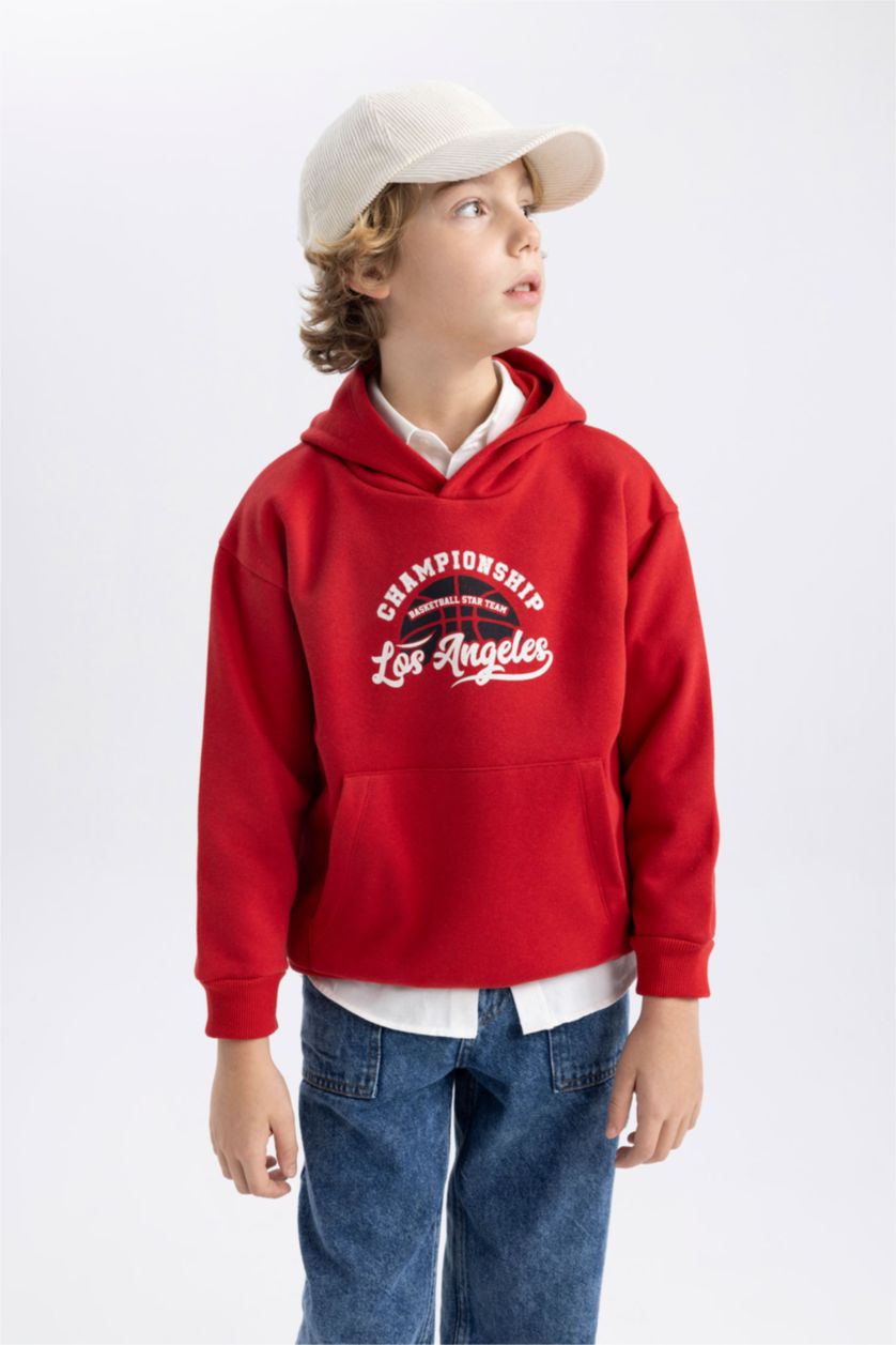 Erkek Çocuk - Genç Erkek Bordo Baskılı Kanguru Cepli Kapüşonlu Sweatshirt Erkek Çocuk