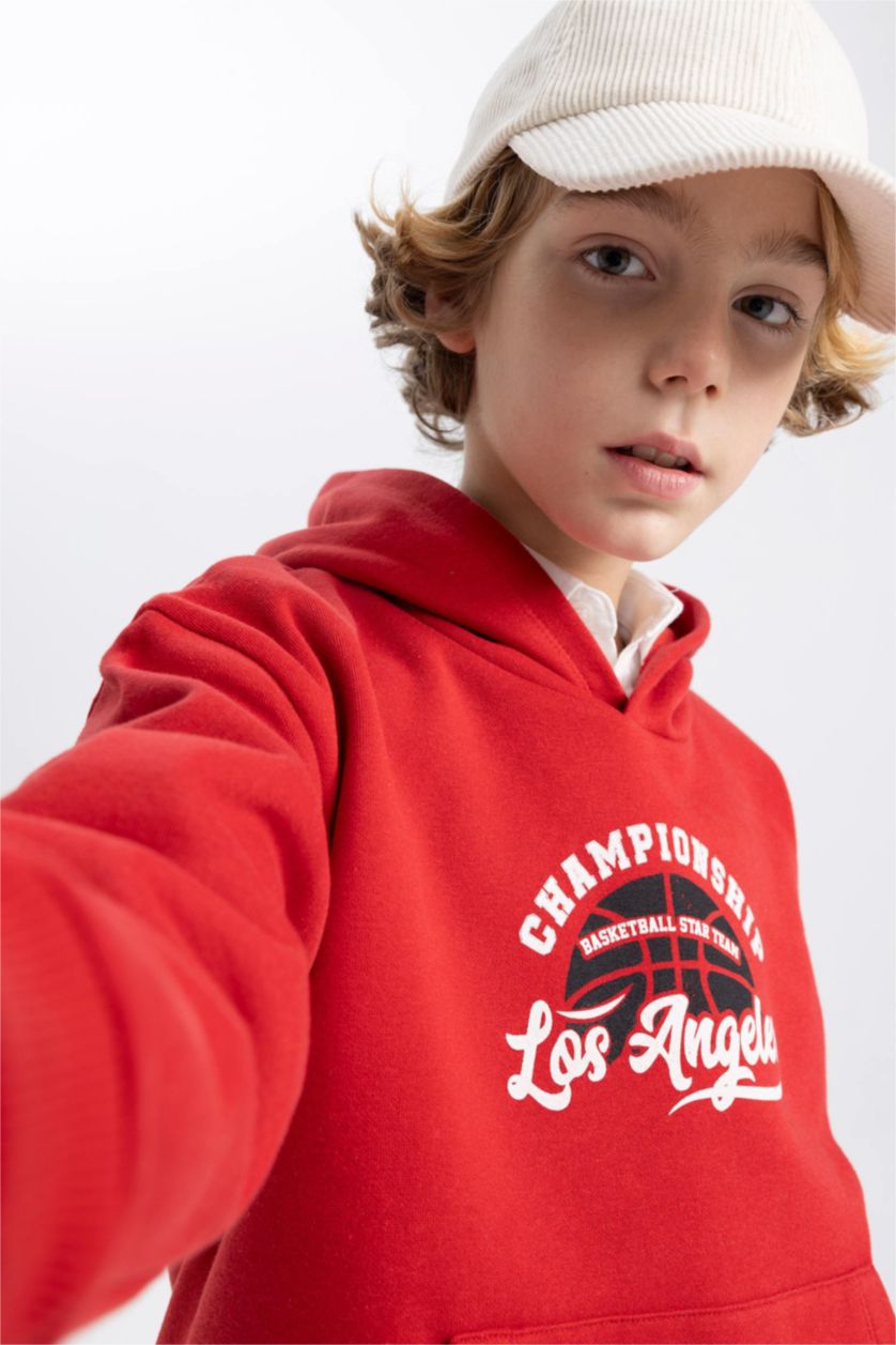 Erkek Çocuk - Genç Erkek Bordo Baskılı Kanguru Cepli Kapüşonlu Sweatshirt Erkek Çocuk