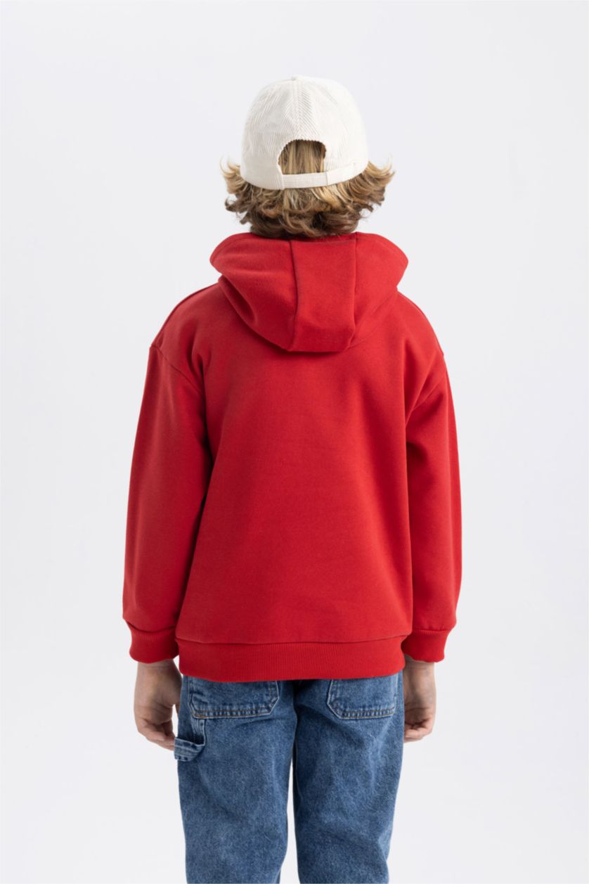 Erkek Çocuk - Genç Erkek Bordo Baskılı Kanguru Cepli Kapüşonlu Sweatshirt Erkek Çocuk