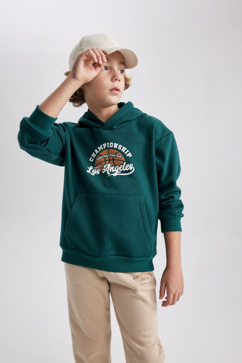 Boys & Teens Green Boy Regular Fit Hooded Sweatshirt