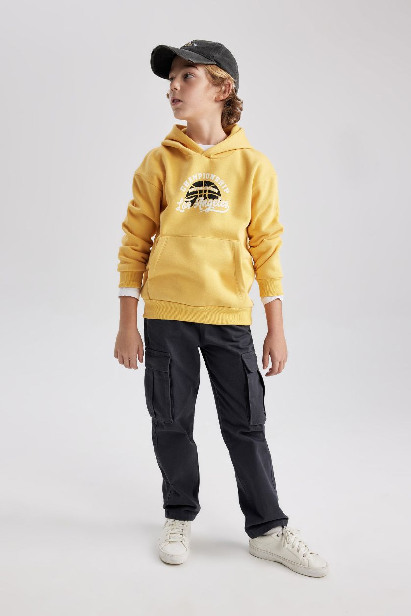 Erkek Çocuk - Genç Erkek Sarı Erkek Çocuk Baskılı Kanguru Cepli Kapüşonlu Sweatshirt