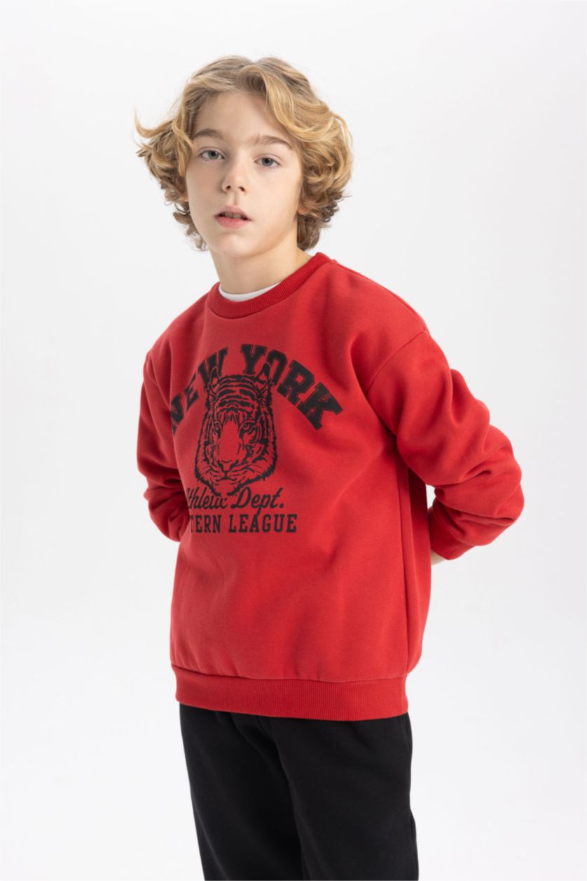 Erkek Çocuk - Genç Erkek Bordo Erkek Çocuk Bisiklet Yaka Baskılı Sweatshirt