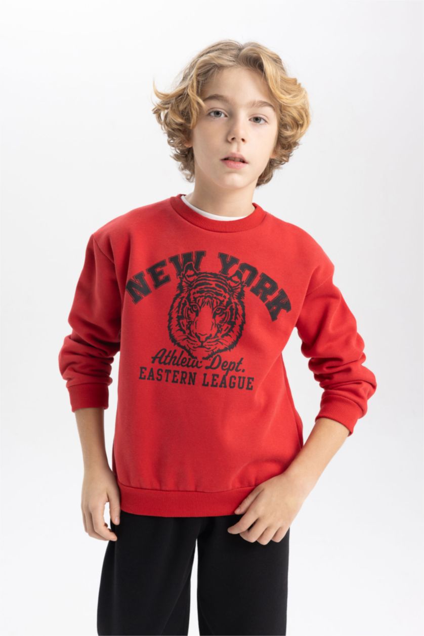 Erkek Çocuk - Genç Erkek Bordo Erkek Çocuk Bisiklet Yaka Baskılı Sweatshirt