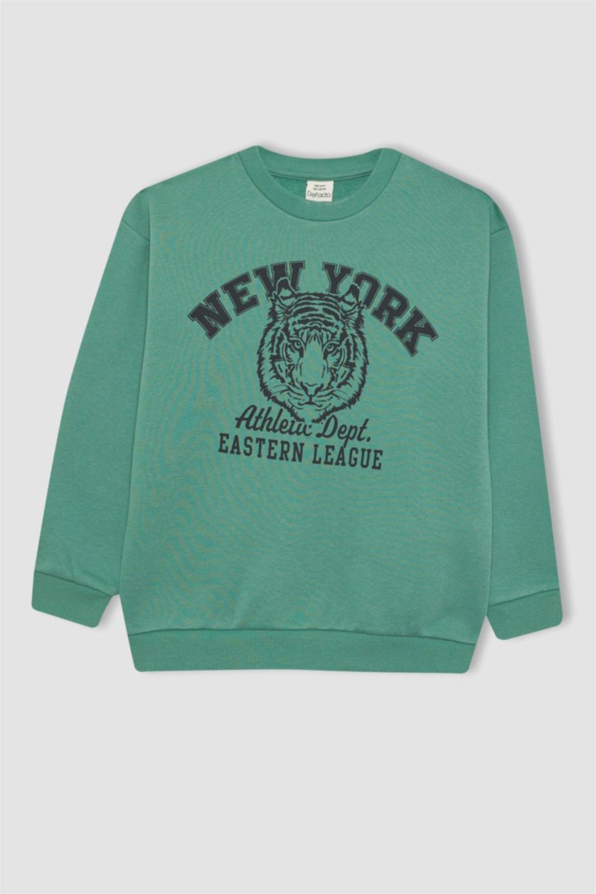 Erkek Çocuk - Genç Erkek Açık Yeşil Erkek Çocuk Bisiklet Yaka Baskılı Sweatshirt