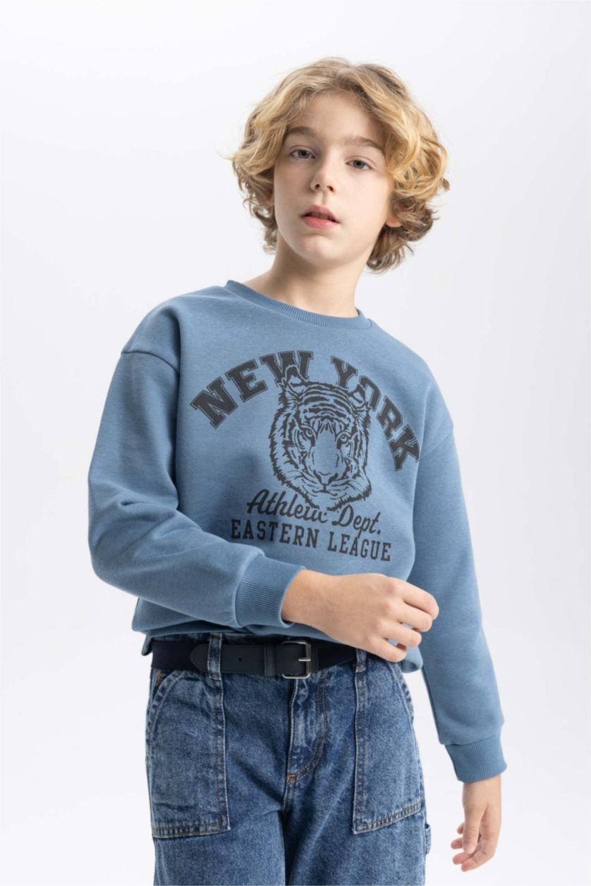 Erkek Çocuk - Genç Erkek Açık İndigo Bisiklet Yaka Baskılı Sweatshirt Erkek Çocuk
