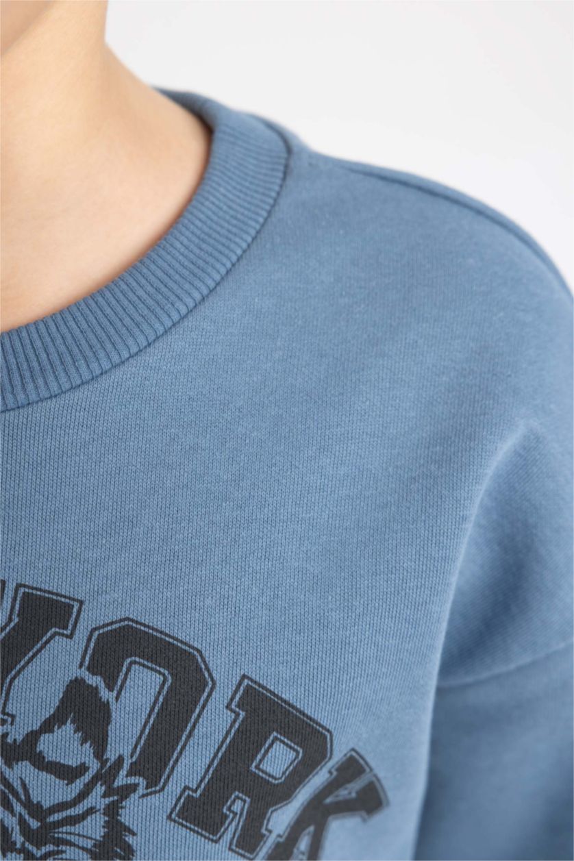 Erkek Çocuk - Genç Erkek Açık İndigo Bisiklet Yaka Baskılı Sweatshirt Erkek Çocuk