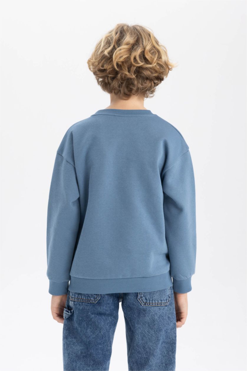 Erkek Çocuk - Genç Erkek Açık İndigo Bisiklet Yaka Baskılı Sweatshirt Erkek Çocuk