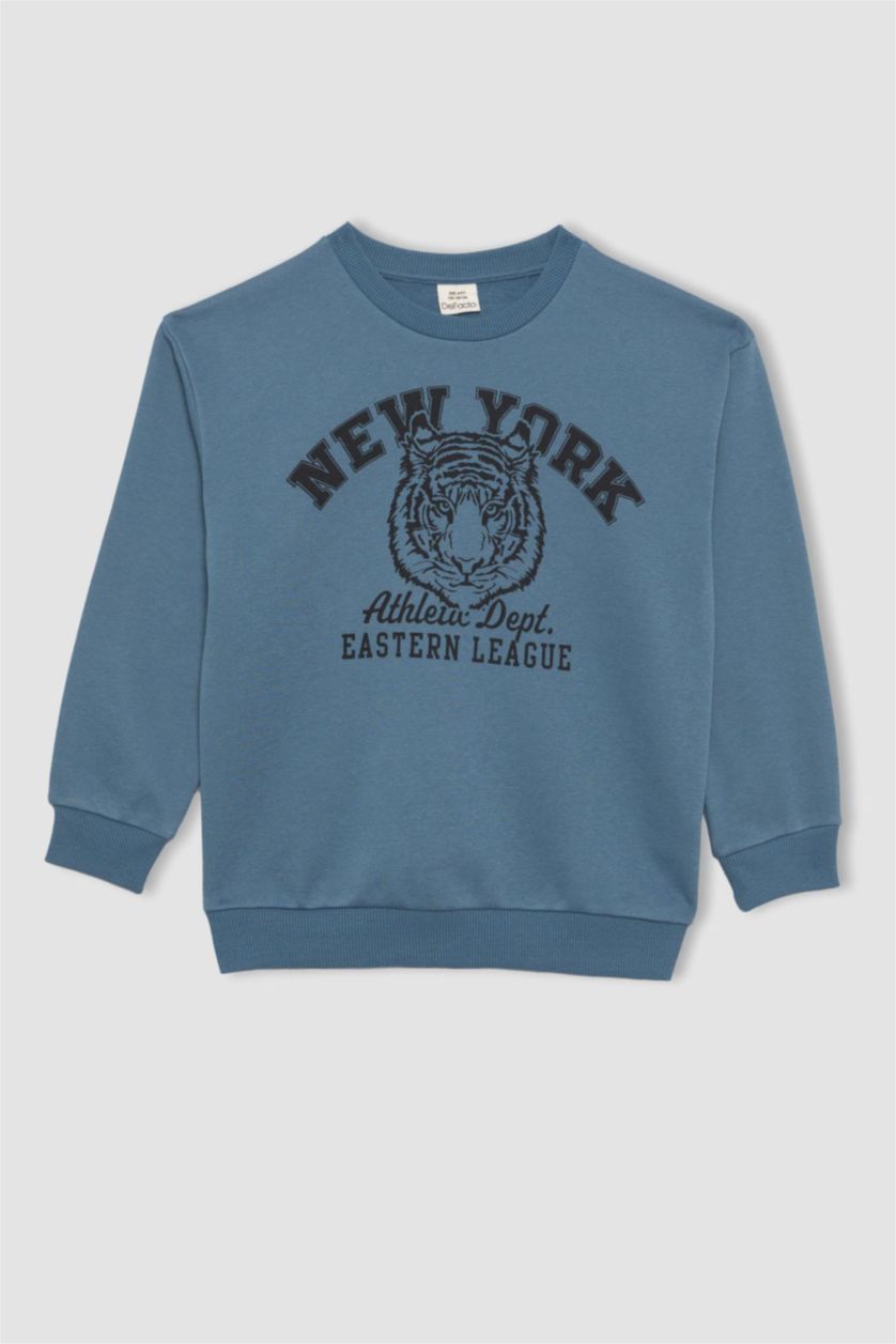 Erkek Çocuk - Genç Erkek Açık İndigo Bisiklet Yaka Baskılı Sweatshirt Erkek Çocuk