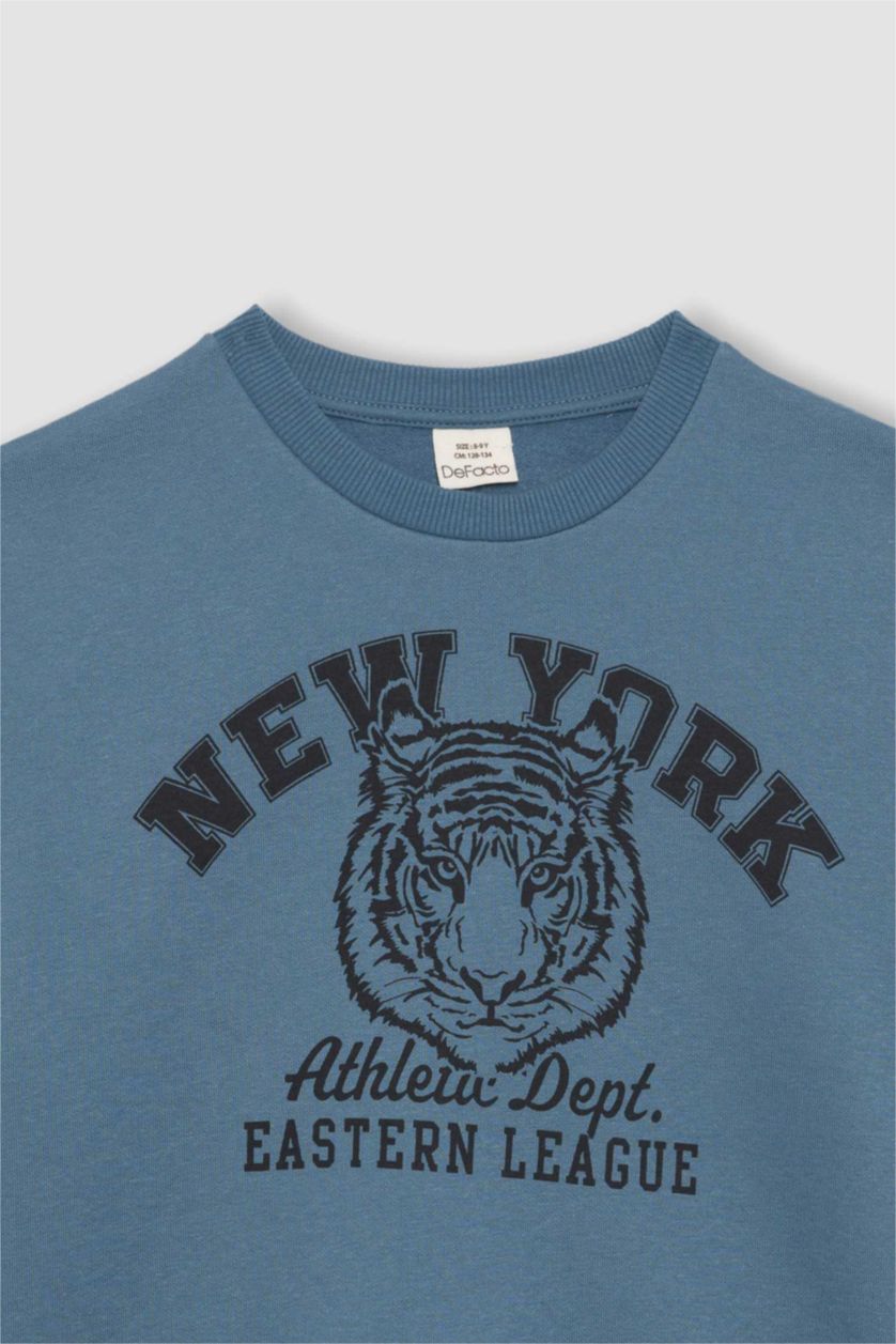 Erkek Çocuk - Genç Erkek Açık İndigo Bisiklet Yaka Baskılı Sweatshirt Erkek Çocuk