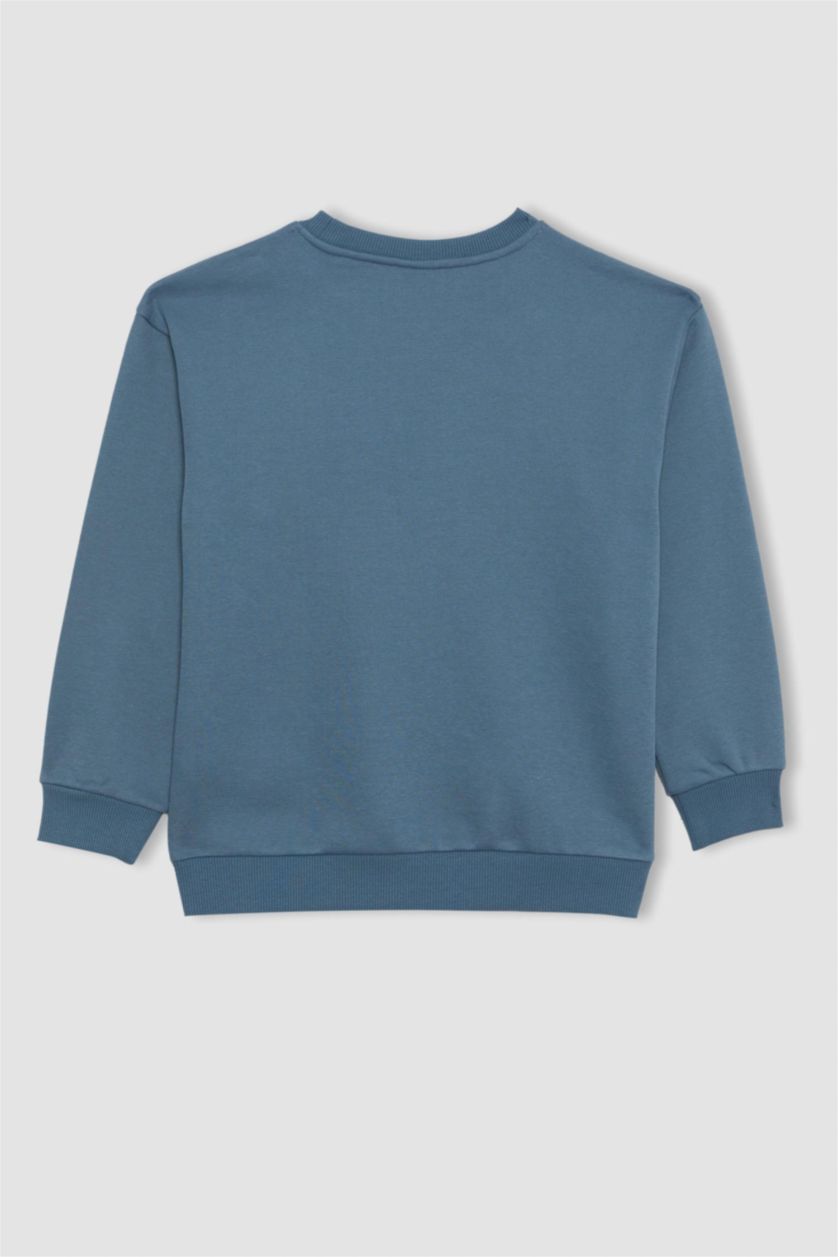 Erkek Çocuk - Genç Erkek Açık İndigo Bisiklet Yaka Baskılı Sweatshirt Erkek Çocuk