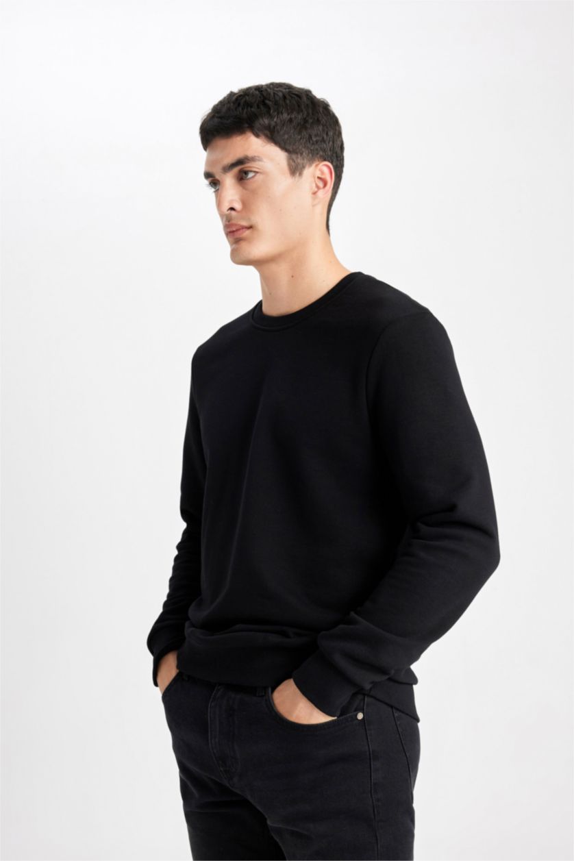 Erkek Siyah Regular Fıt Bisiklet Yaka Sweatshirt