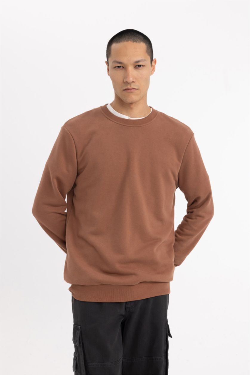Erkek Açık Kahve Regular Fıt Bisiklet Yaka Sweatshirt