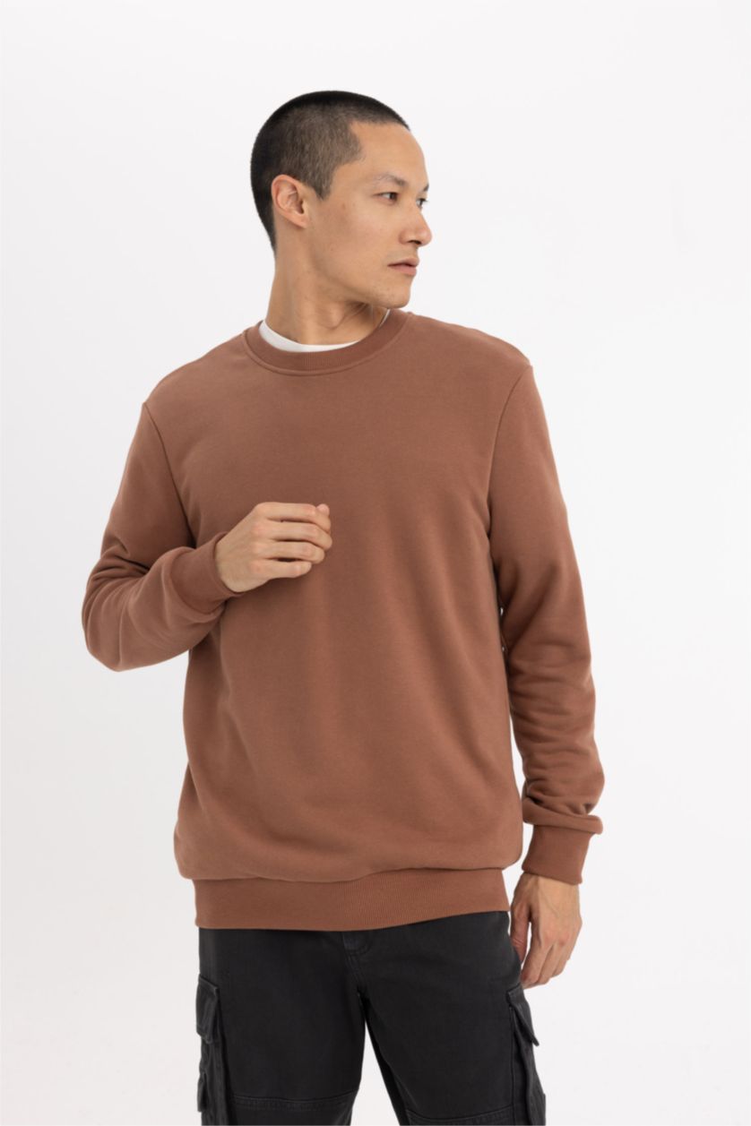 Erkek Açık Kahve Regular Fıt Bisiklet Yaka Sweatshirt