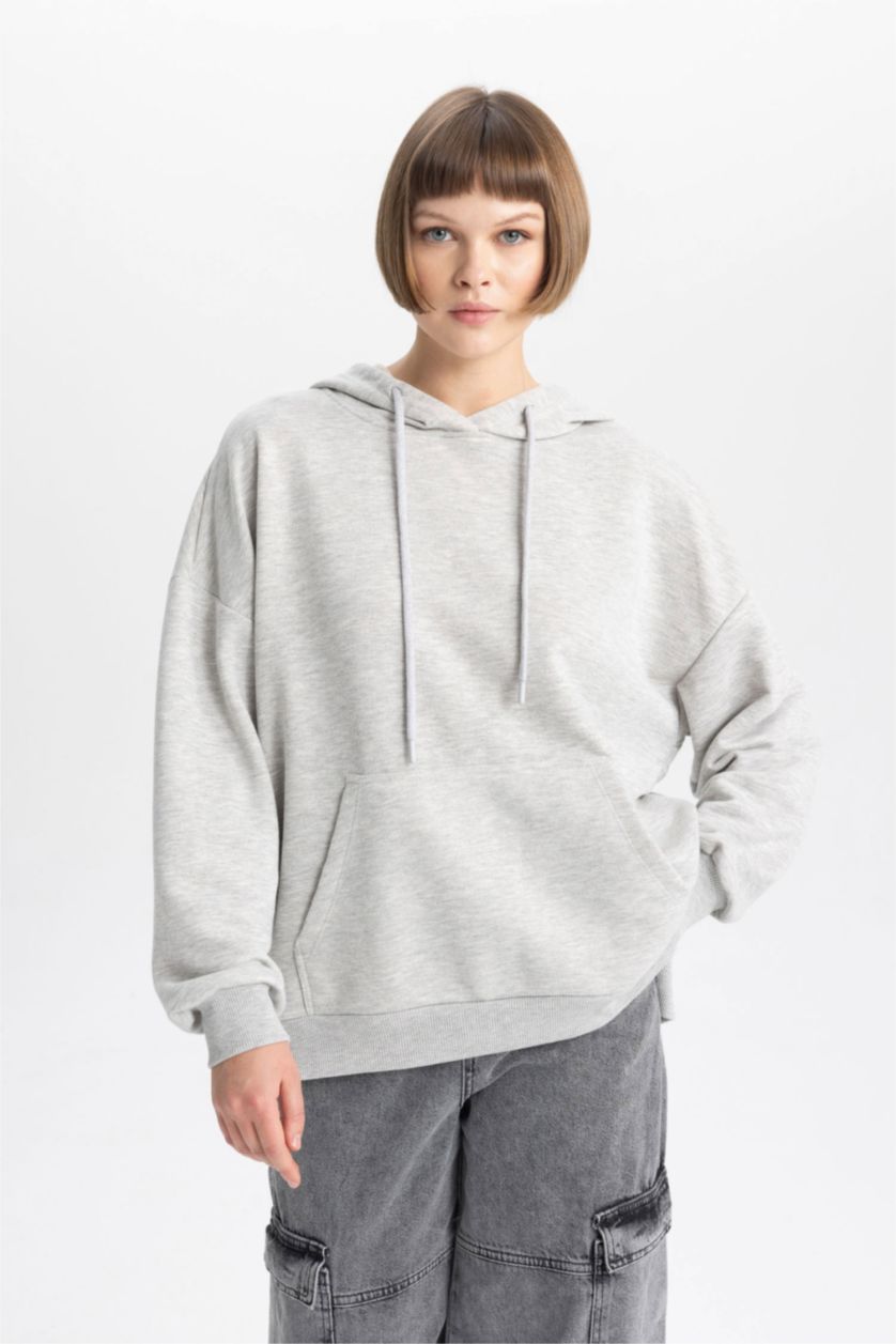 Kadın Gri Oversize Geniş Kalıp Kapüşonlu Sweatshirt