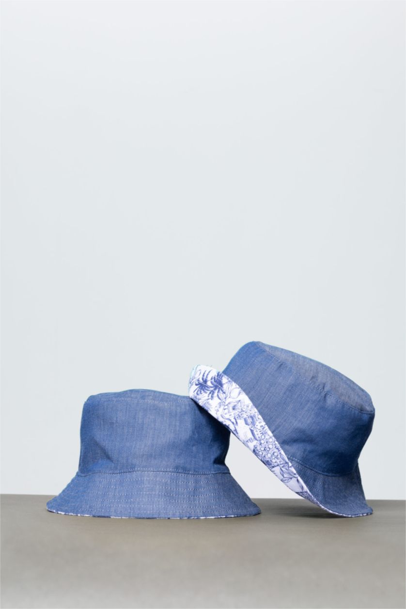 Kadın Mavi Kadın Çift Taraflı Jean Görünümlü Bucket Şapka