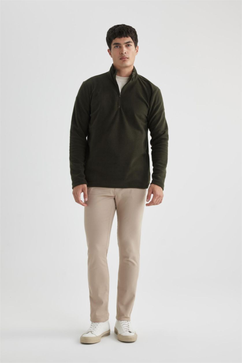Man Dark Khaki Regular Fit Half Zipper Sweatshirt