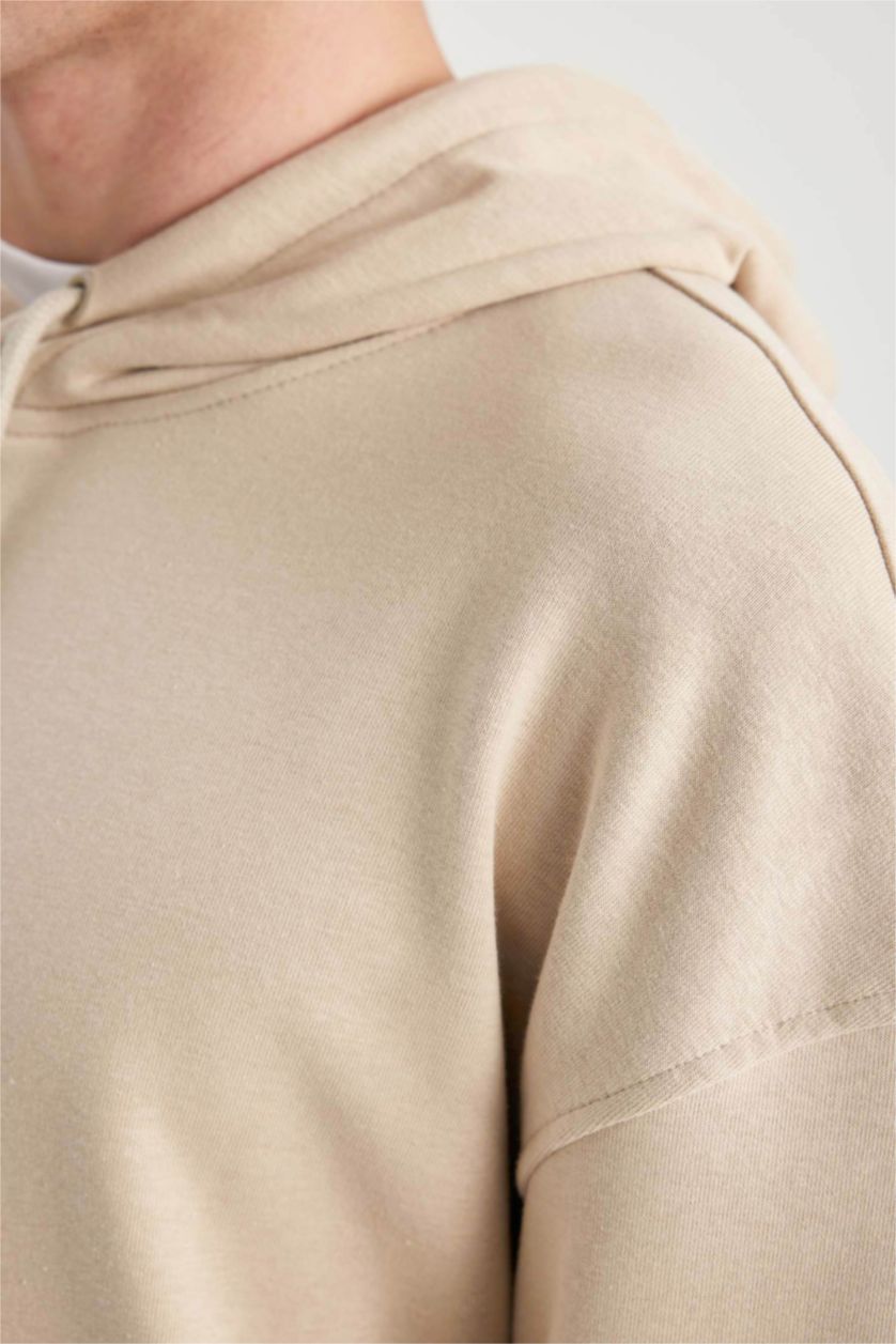 رجال اللون الرملي سويت شيرت اوفر سايز بغطاء للرأس بجيب