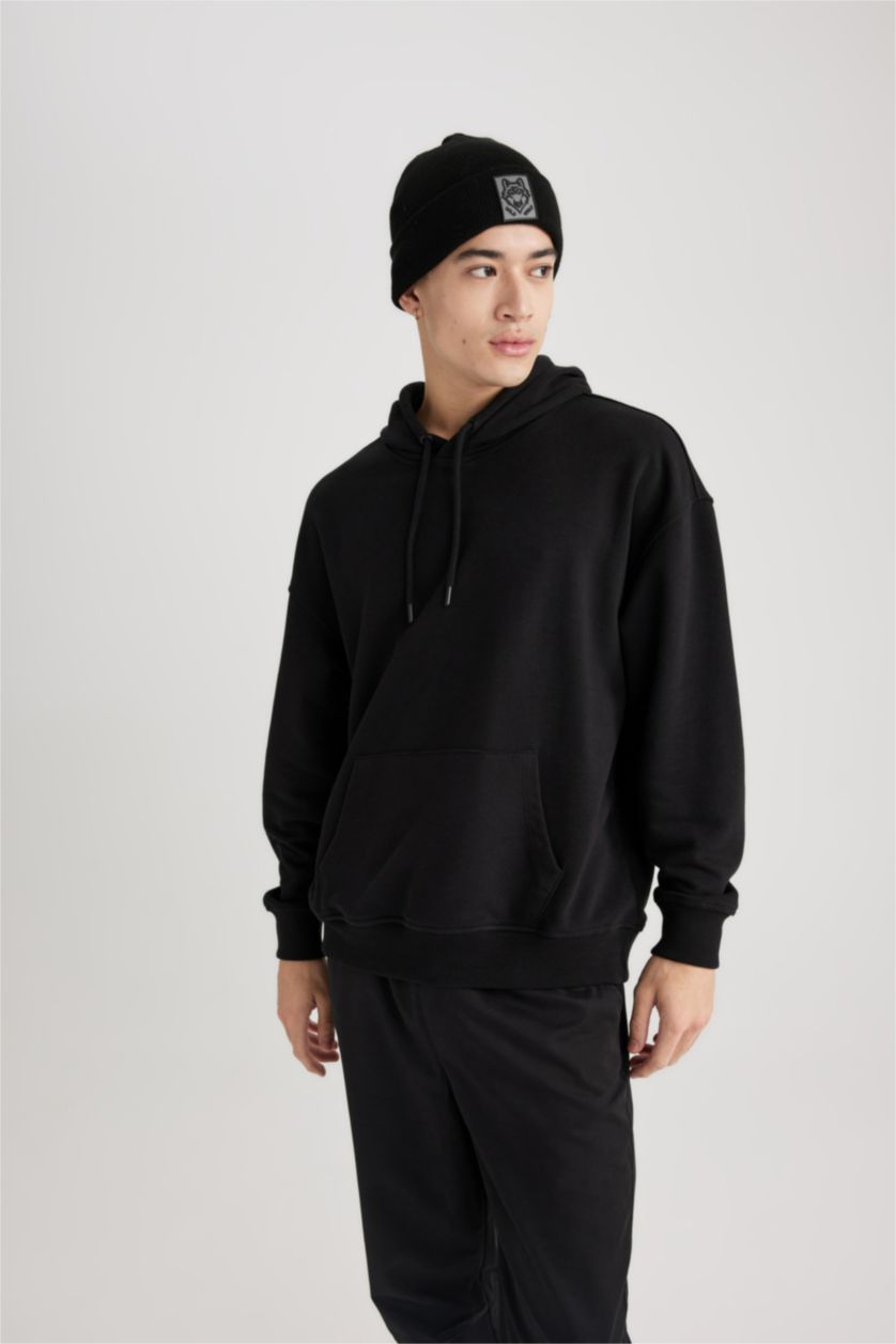 Erkek Siyah Oversıze Kapüşonlu Sweatshirt