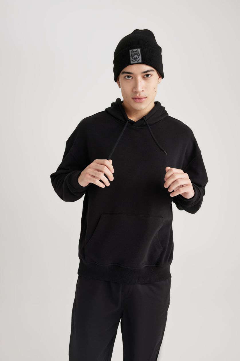 Erkek Siyah Oversıze Kapüşonlu Sweatshirt