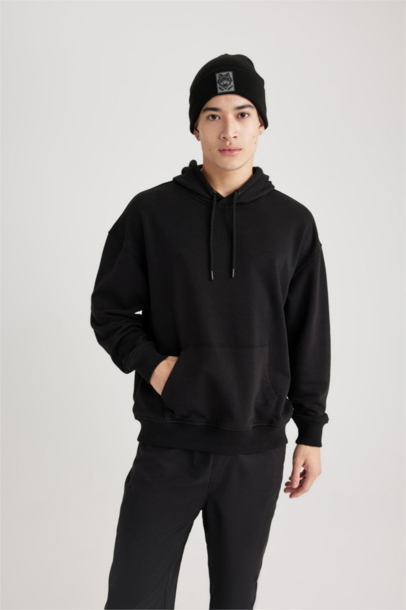 Erkek Siyah Oversıze Kapüşonlu Sweatshirt