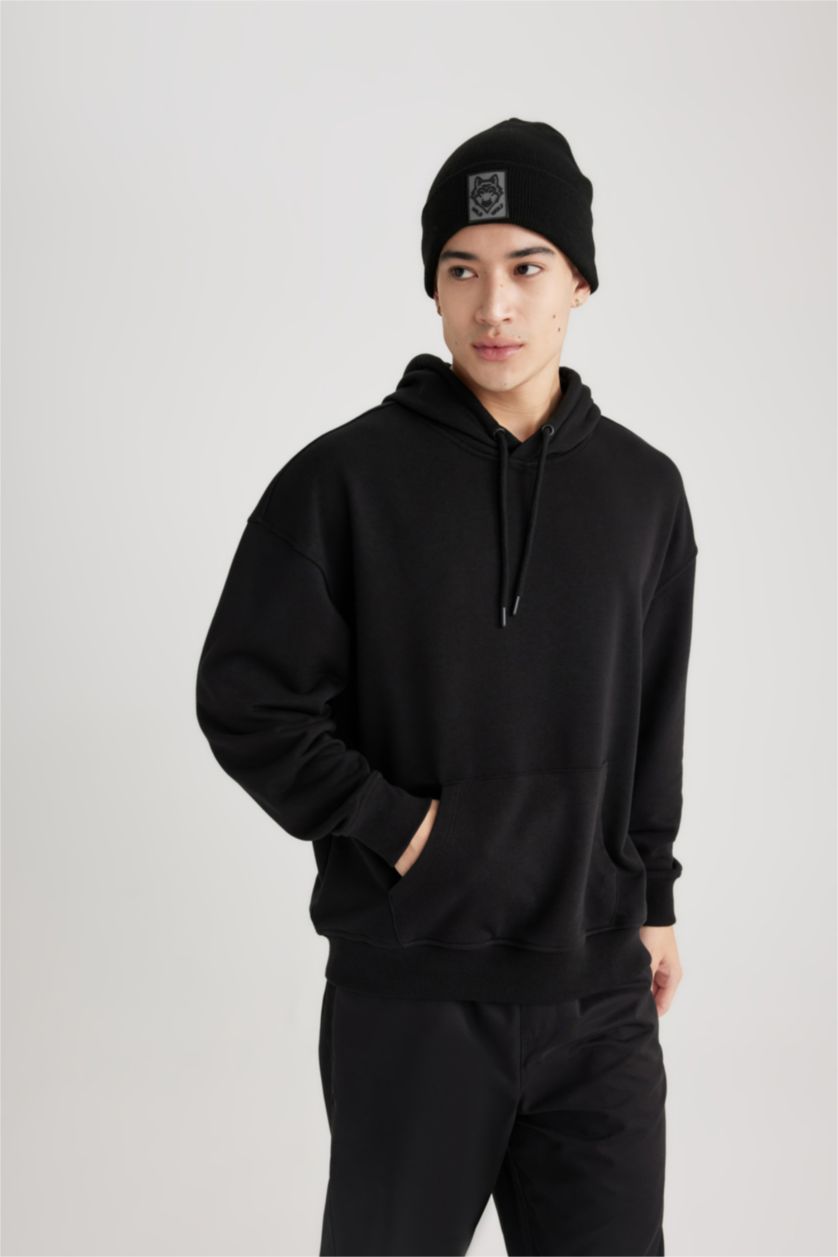 Erkek Siyah Oversıze Kapüşonlu Sweatshirt