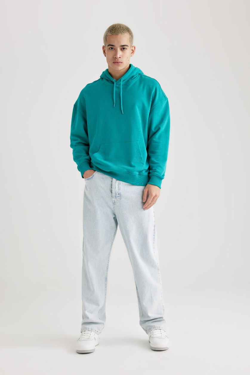 Erkek Koyu Yeşil Oversıze Kapüşonlu Sweatshirt