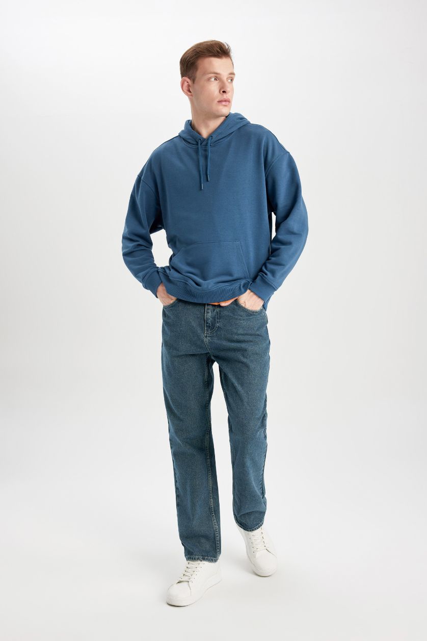 Erkek İndigo Oversıze Kapüşonlu Sweatshirt