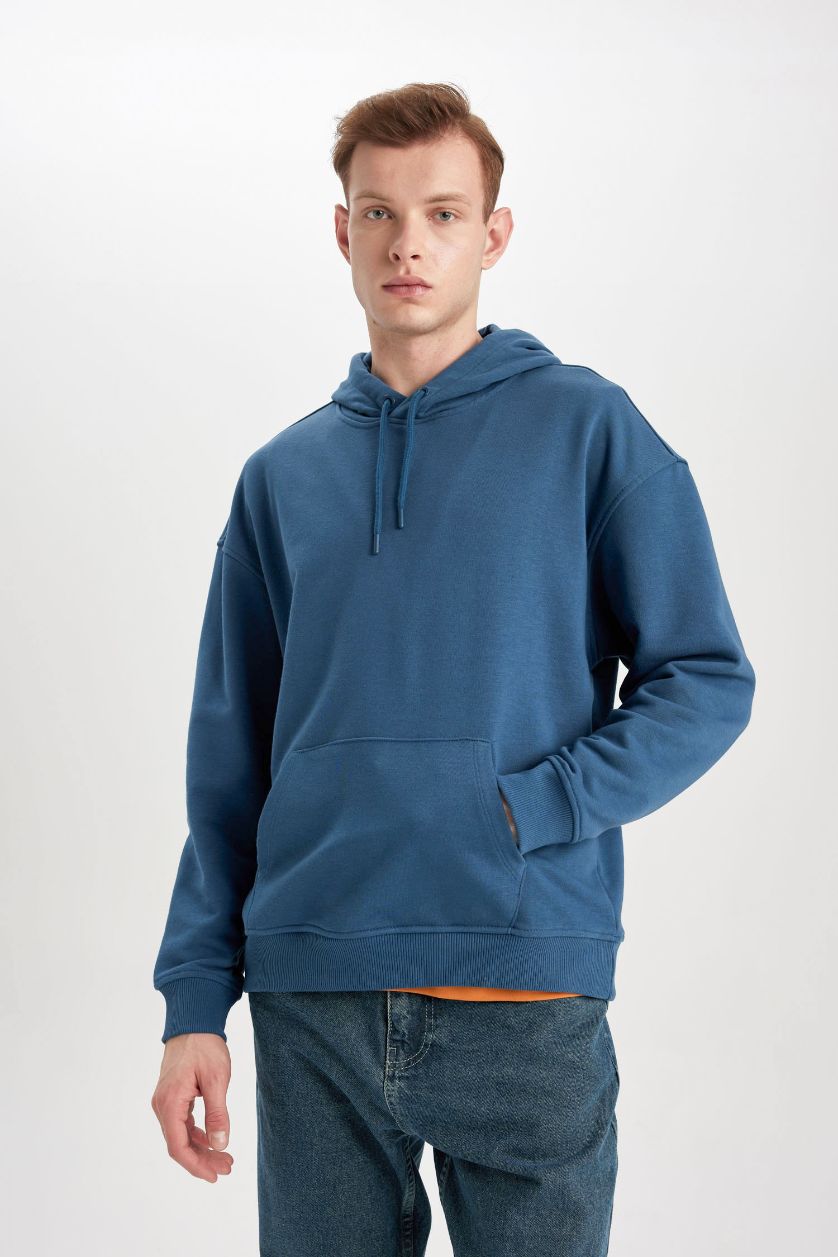 Erkek İndigo Oversıze Kapüşonlu Sweatshirt