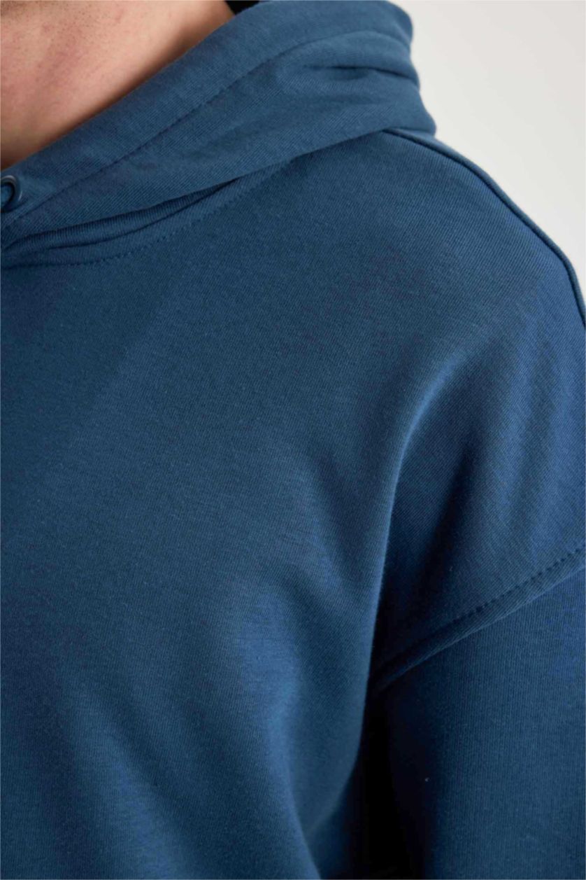 Erkek İndigo Oversıze Kapüşonlu Sweatshirt