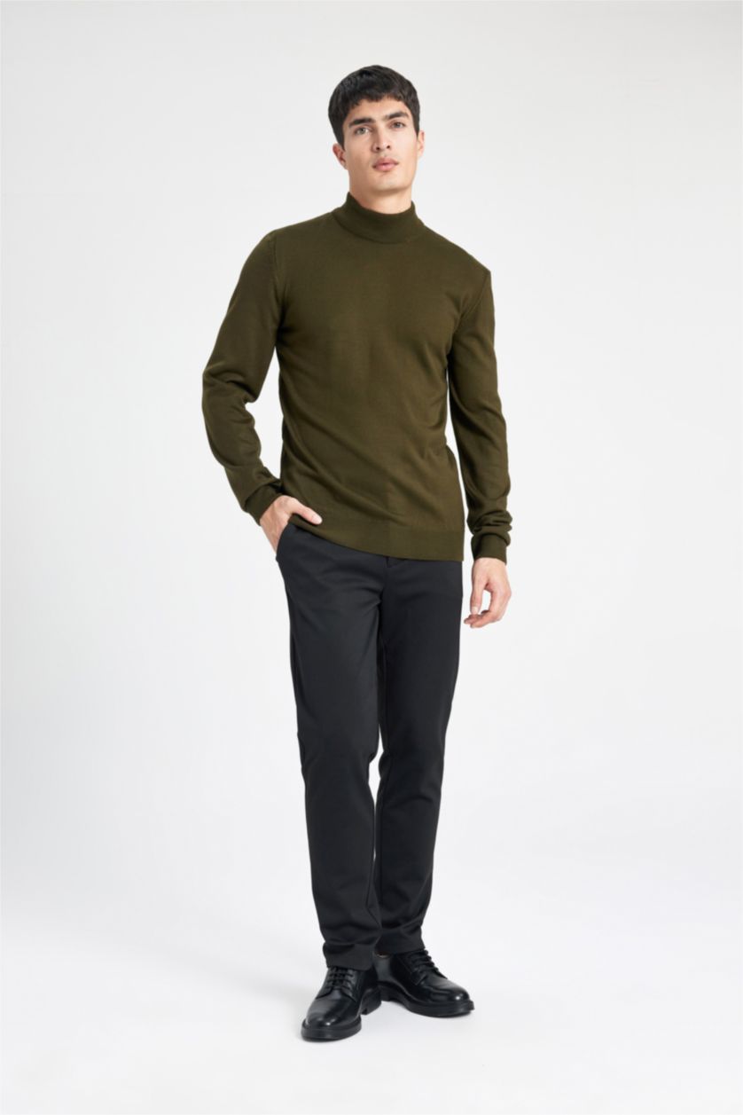 Erkek Koyu Yeşil Slim Fit Dar Kesim Yarım Balıkçı Yaka Triko Kazak