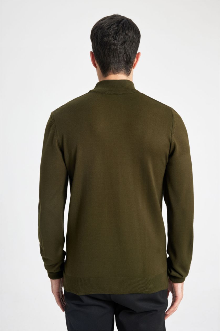 Erkek Koyu Yeşil Slim Fit Dar Kesim Yarım Balıkçı Yaka Triko Kazak
