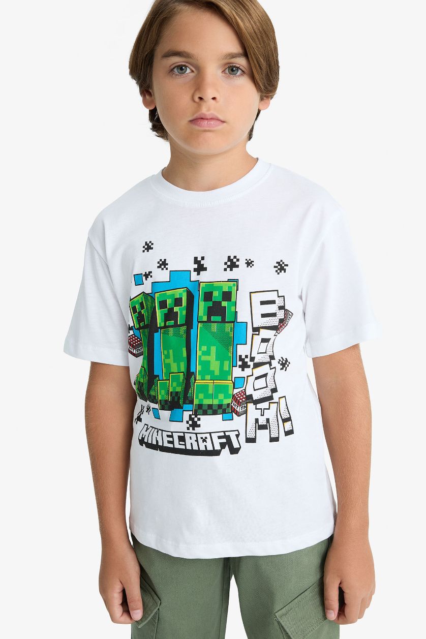 Erkek Çocuk - Genç Erkek Beyaz Minecraft Bisiklet Yaka Kısa Kollu Tişört Erkek Çocuk