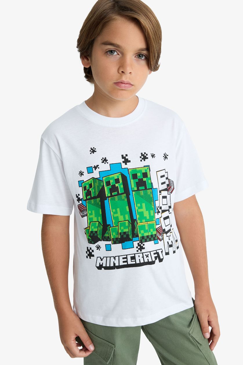 Erkek Çocuk - Genç Erkek Beyaz Minecraft Bisiklet Yaka Kısa Kollu Tişört Erkek Çocuk